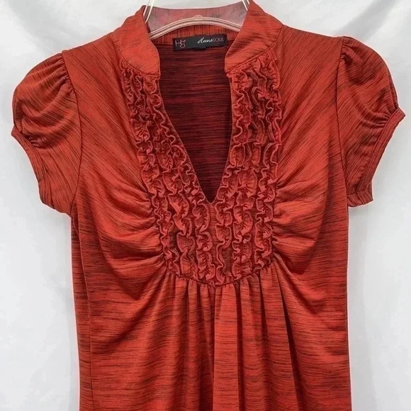 Heart Soul Short Sleeve Top Small Rust w/Black Ruffled V-neck - Picture 2 of 10